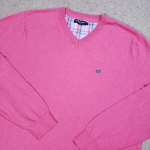Southern Marsh Sweater Mens XL Pink Multi Gingham V Neck Long Sleeve Casual